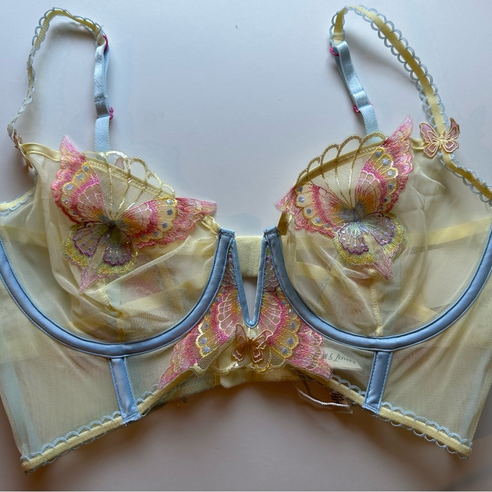NWT FOR LOVE & AND LEMONS Pastel Papillon Longline Bra yellow butterfly 36C